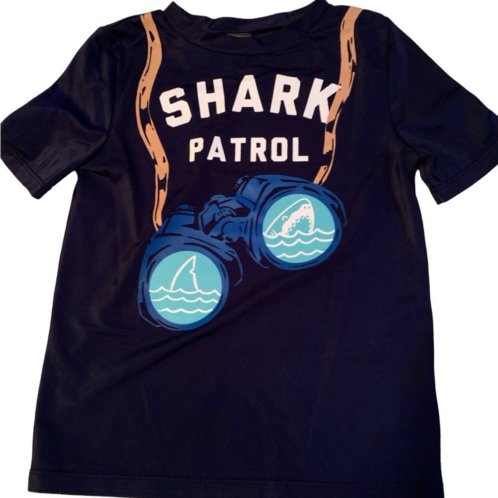 Shark patrol T-shirt, blue, size 5T great for the beach.